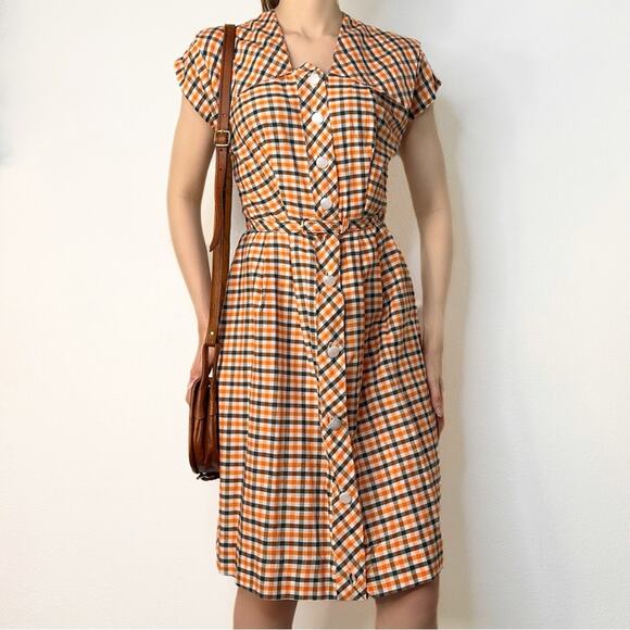 Vintage 50s Plaid Shirtwaist Day Dress Belt Button Front Orange White XS - Picture 1 of 15